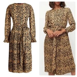 EUC J. CREW Carly Long sleeve pleated dress leopard chiffon
